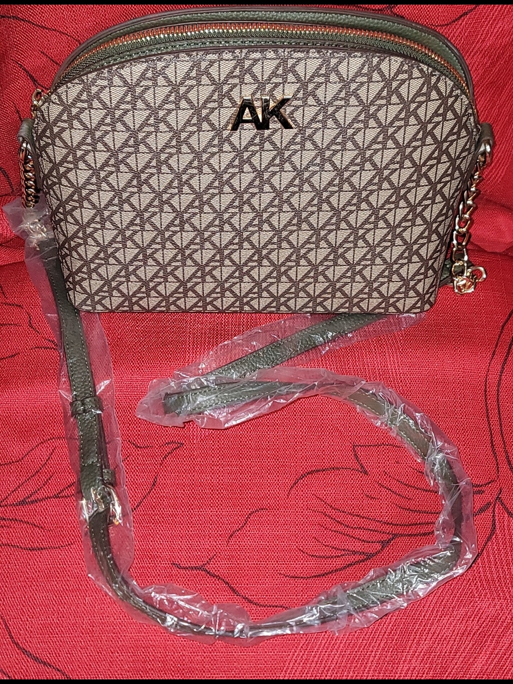 Anne Klein Taupe Monogram Crossbody with Gold AK Logo